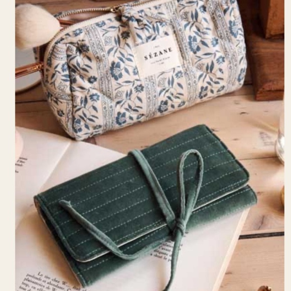 Sézane sage velvet jewelry wrap pouch